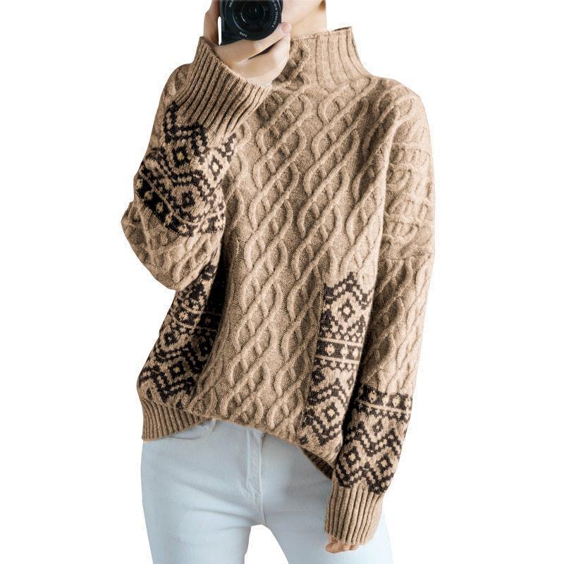 Stylish High Neck Cable-Knit Long Sleeve Printed Sweater