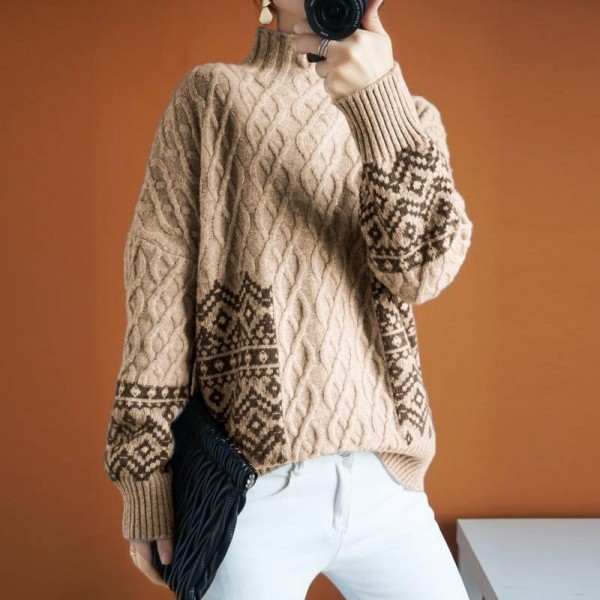 Stylish High Neck Cable-Knit Long Sleeve Printed Sweater