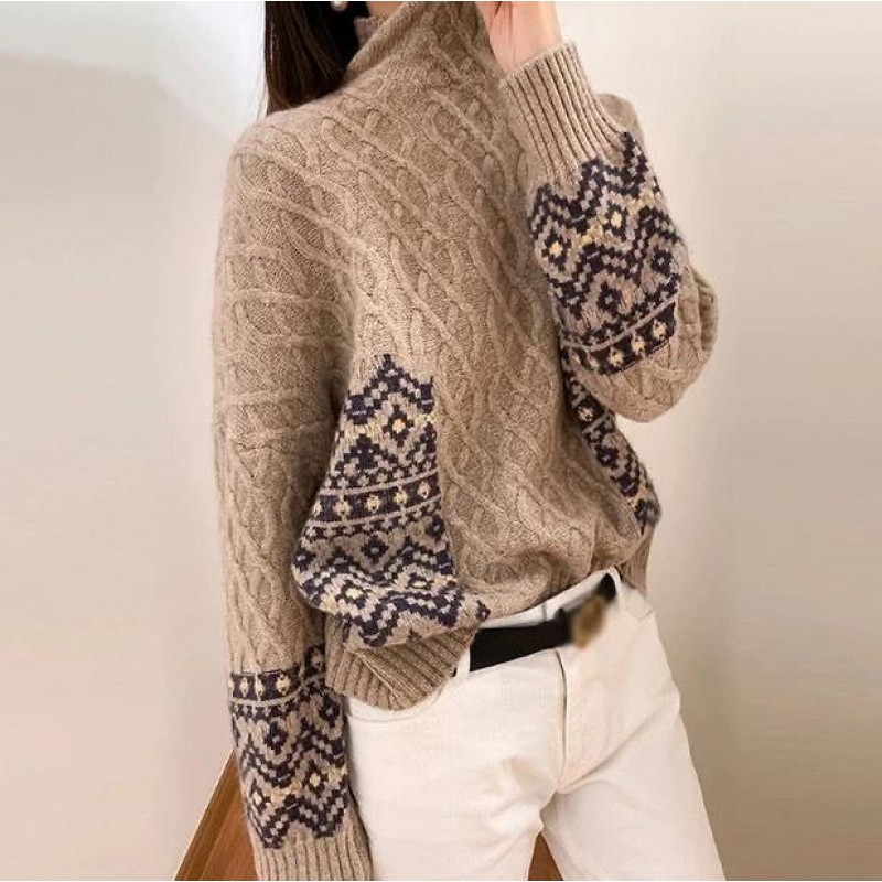 Stylish High Neck Cable-Knit Long Sleeve Printed Sweater