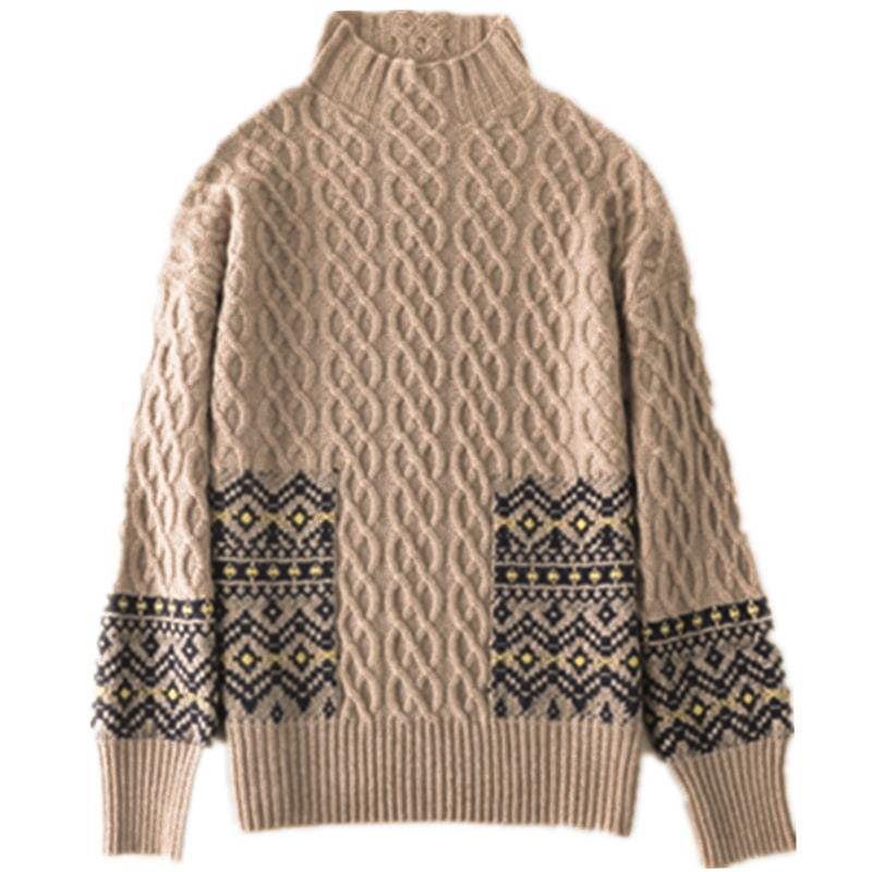 Stylish High Neck Cable-Knit Long Sleeve Printed Sweater