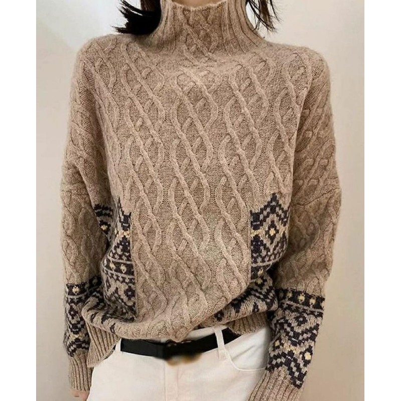 Stylish High Neck Cable-Knit Long Sleeve Printed Sweater