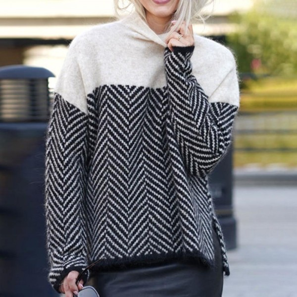 Stylish High Neck Long Sleeve Print Sweater