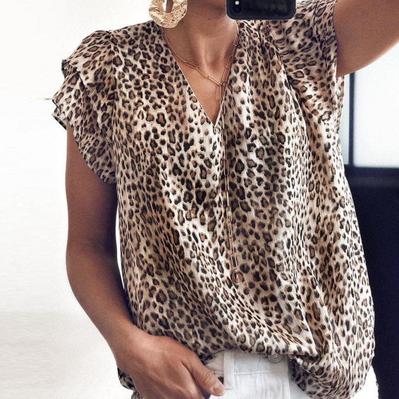 Stylish Leopard Print Cap Sleeve Top