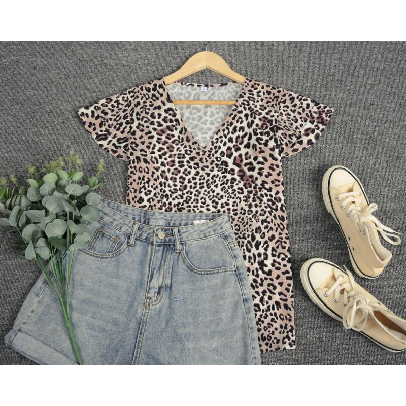 Stylish Leopard Print Cap Sleeve Top