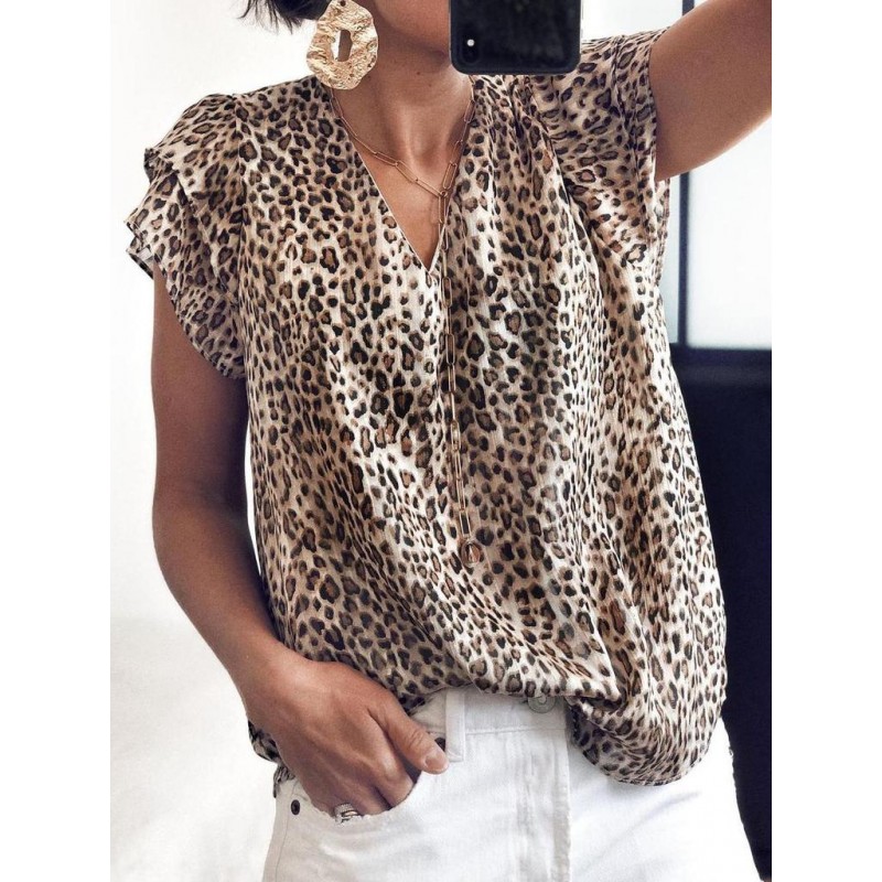 Stylish Leopard Print Cap Sleeve Top