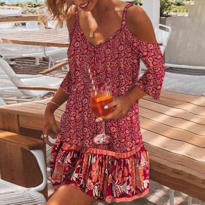 Stylish Strap V-Neck Shoulder Cutout Printed Mini Dress