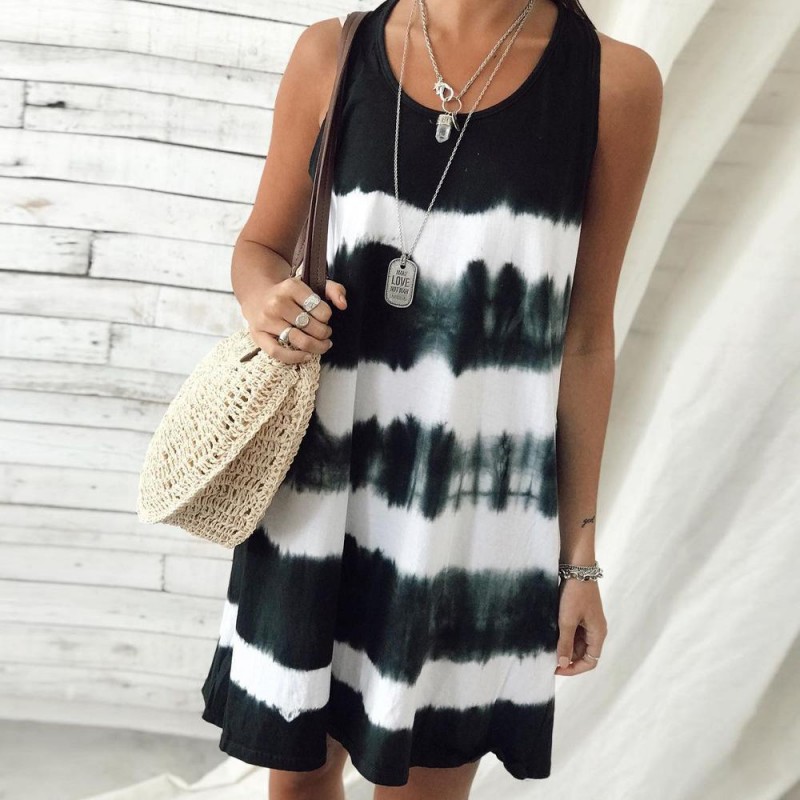 Stylish U-Collar Sleeveless Tie Dye Mini Dress