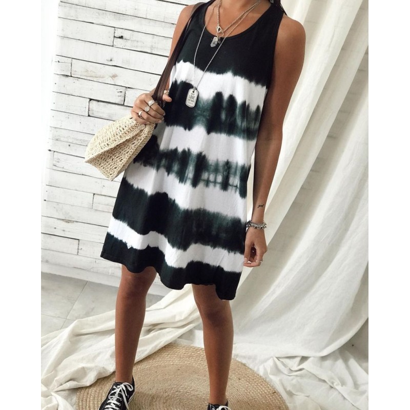 Stylish U-Collar Sleeveless Tie Dye Mini Dress