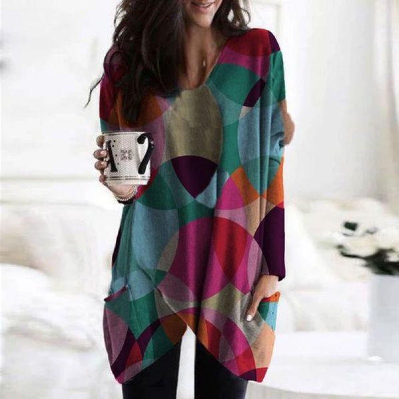 Stylish V-Neck Long Sleeve Color Block Top