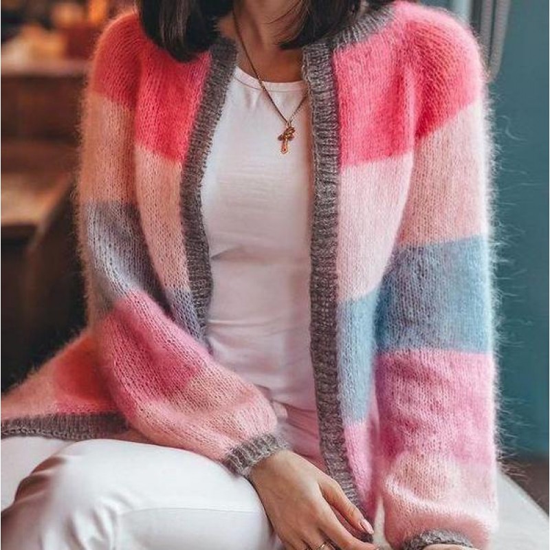 Sweet Color Block Open Front Cardigan