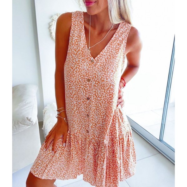 Sweet V-Neck Flounced Hem Sleeveless Printed Mini Dress