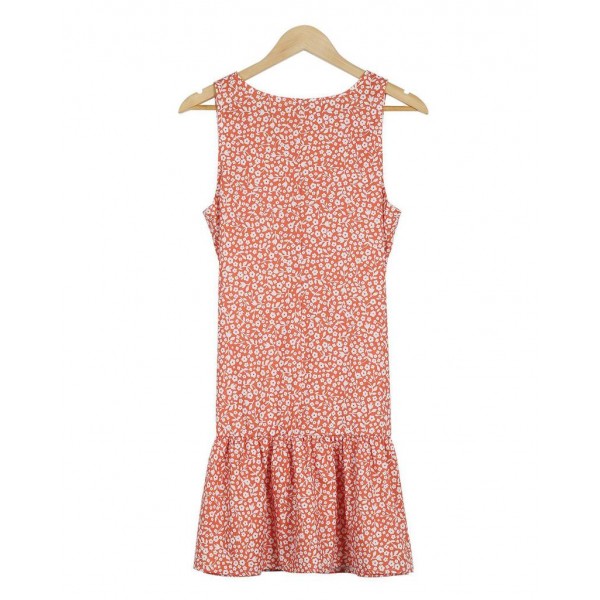 Sweet V-Neck Flounced Hem Sleeveless Printed Mini Dress