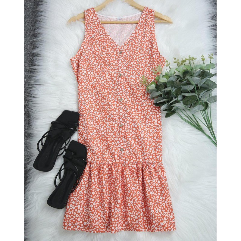 Sweet V-Neck Flounced Hem Sleeveless Printed Mini Dress