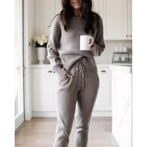 Temperament Plain Crew Neck Long Sleeve Sweater Lounge Set