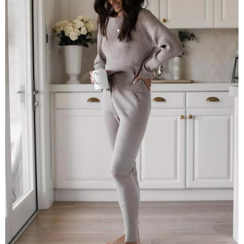 Temperament Plain Crew Neck Long Sleeve Sweater Lounge Set