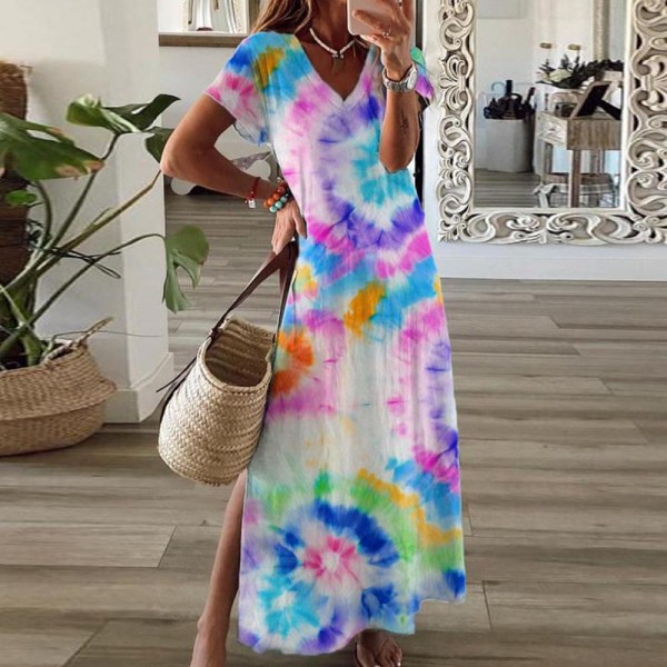 Trendy  Tie Dye Print Thigh-High Side Slit Short Sleeve Maxi Dress