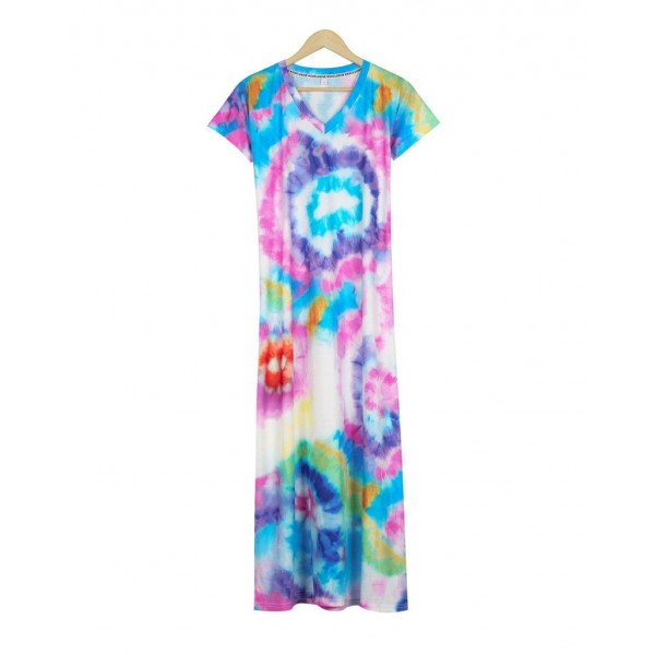 Trendy  Tie Dye Print Thigh-High Side Slit Short Sleeve Maxi Dress