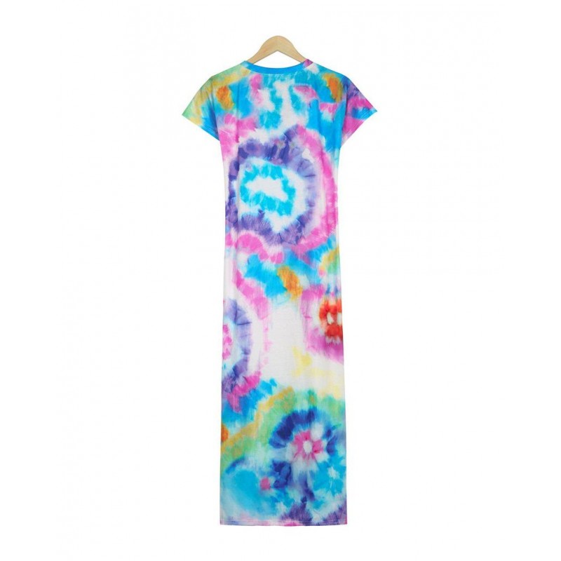 Trendy  Tie Dye Print Thigh-High Side Slit Short Sleeve Maxi Dress