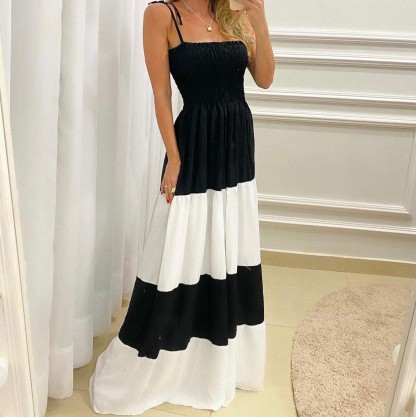 Trendy Adjustable Straps Color Block Maxi Dress