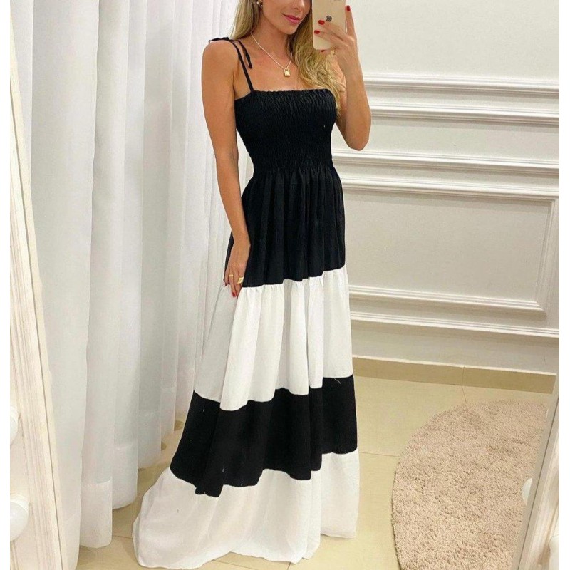 Trendy Adjustable Straps Color Block Maxi Dress