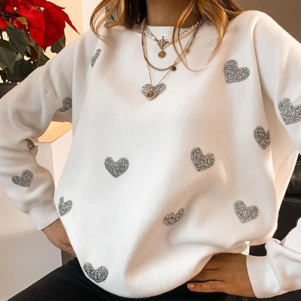 Trendy Heart Printed Loose Long Sleeve Sweater