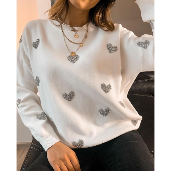 Trendy Heart Printed Loose Long Sleeve Sweater