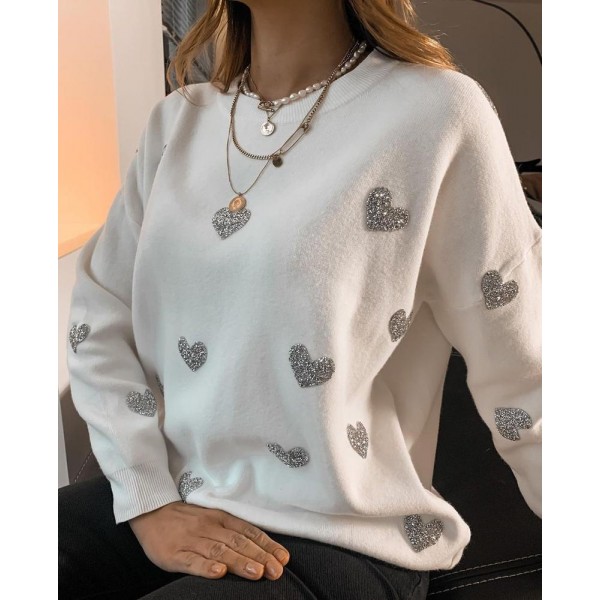 Trendy Heart Printed Loose Long Sleeve Sweater