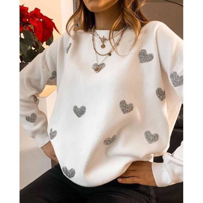 Trendy Heart Printed Loose Long Sleeve Sweater