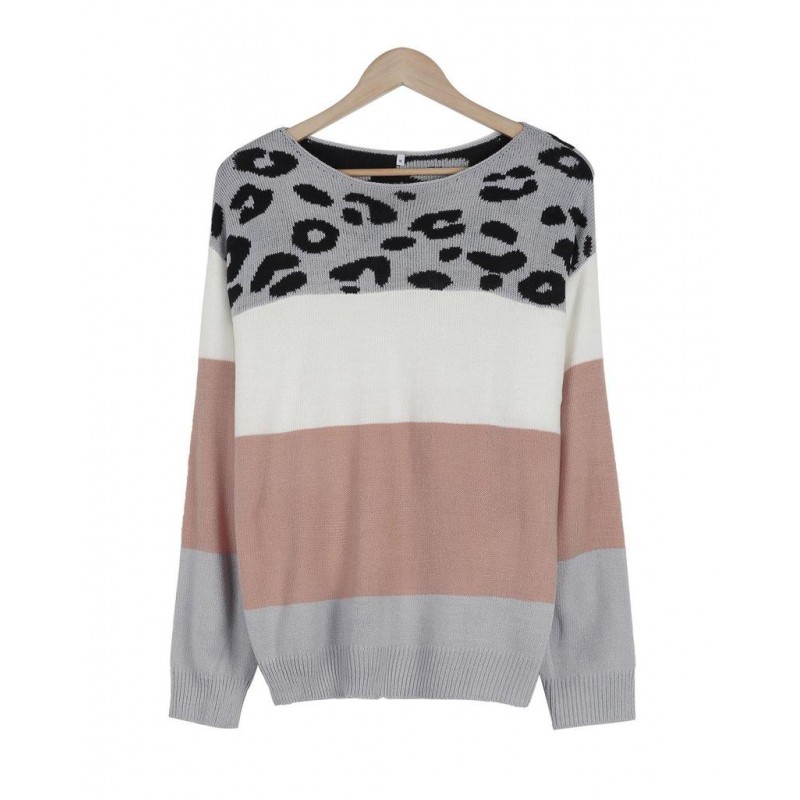 Trendy Leopard Color Block Ribbed Long Sleeve Sweater