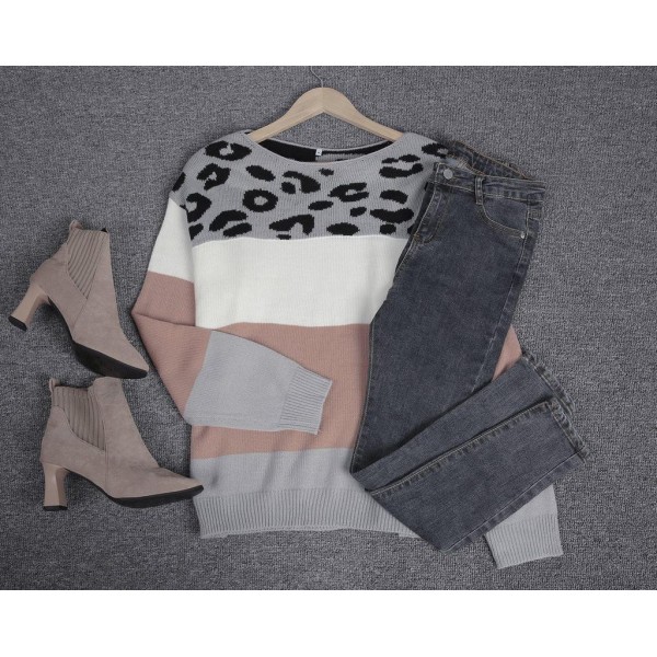 Trendy Leopard Color Block Ribbed Long Sleeve Sweater