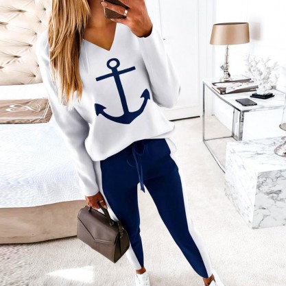 Trendy V-Neck Color Block Long Sleeve Printed Lounge Set