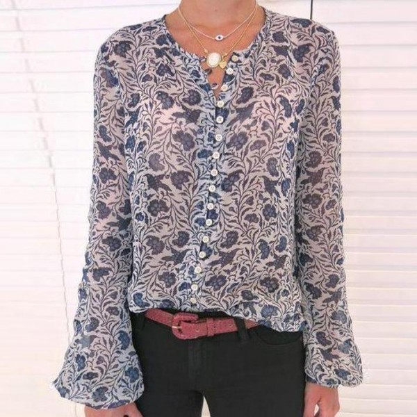 Vintage Blue Floral Print Long Sleeve Shirt