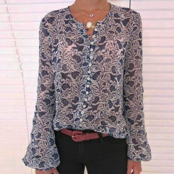 Vintage Blue Floral Print Long Sleeve Shirt