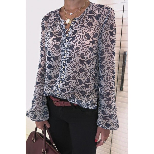 Vintage Blue Floral Print Long Sleeve Shirt