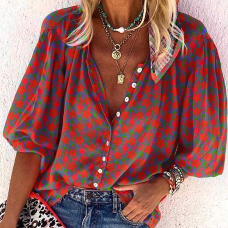 Vintage Red Floral V-Neck Loose Blouse