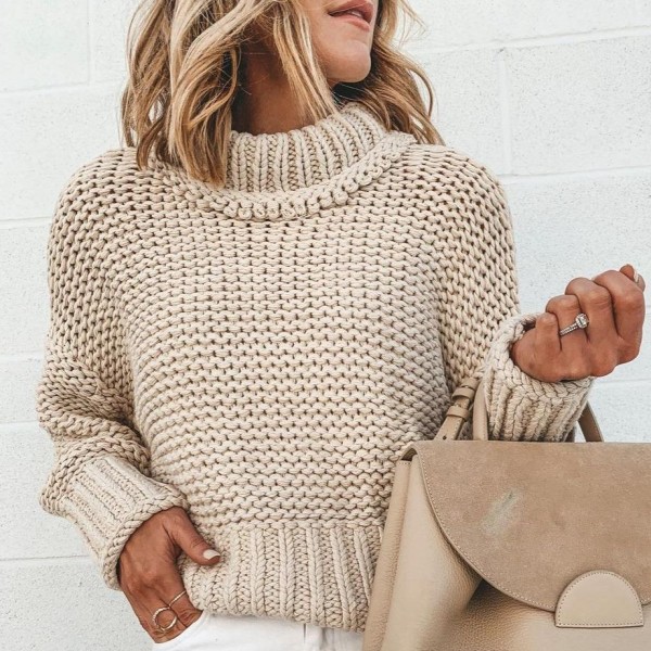 Wide Ribbed Edge Round Neck Long Sleeve Sweater