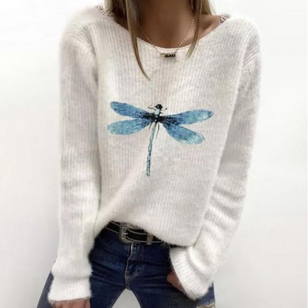 Youthful Blue Dragonfly Print Long Sleeve White Sweater