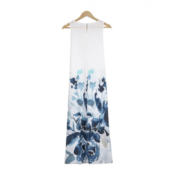 Elegant Print Round Neck Sleeveless Midi Dress