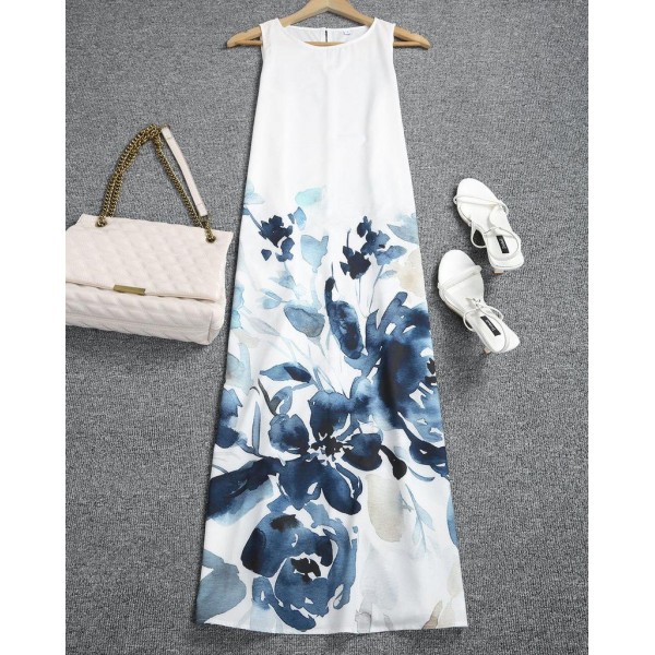 Elegant Print Round Neck Sleeveless Midi Dress