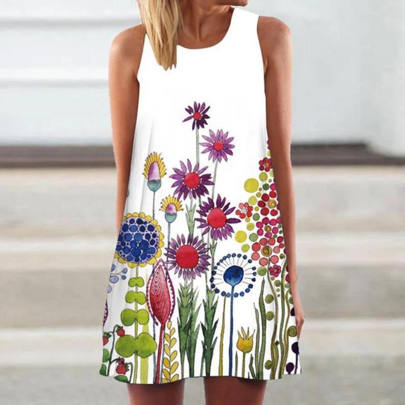 Fresh Plant Print Sleeveless White Mini Dress