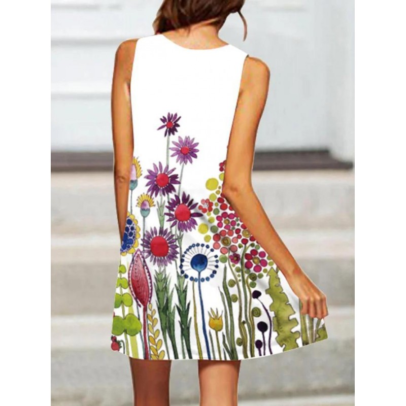 Fresh Plant Print Sleeveless White Mini Dress