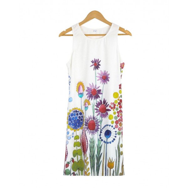 Fresh Plant Print Sleeveless White Mini Dress