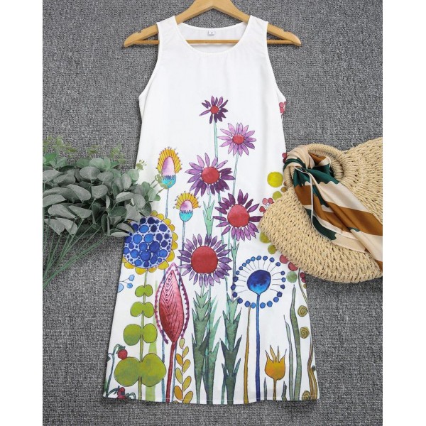 Fresh Plant Print Sleeveless White Mini Dress