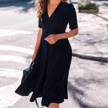 Trendy Plain V-Neck Short Sleeve Midi Dress