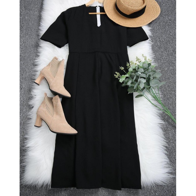 Trendy Plain V-Neck Short Sleeve Midi Dress