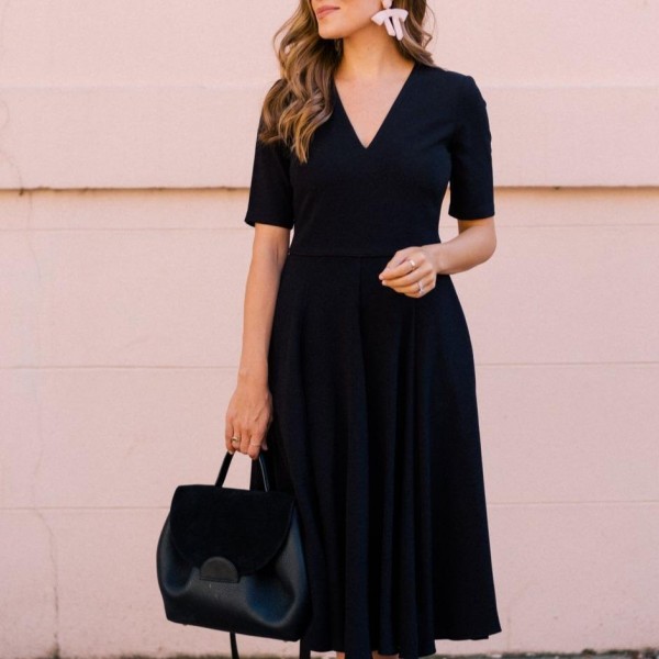 Trendy Plain V-Neck Short Sleeve Midi Dress