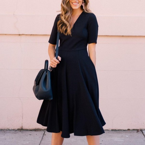 Trendy Plain V-Neck Short Sleeve Midi Dress