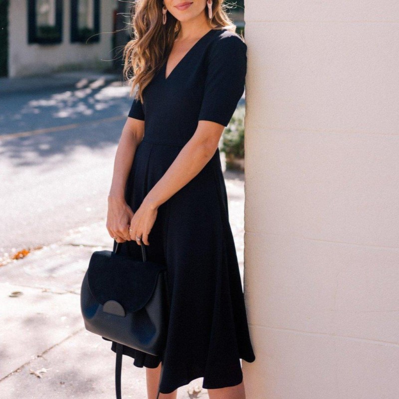 Trendy Plain V-Neck Short Sleeve Midi Dress