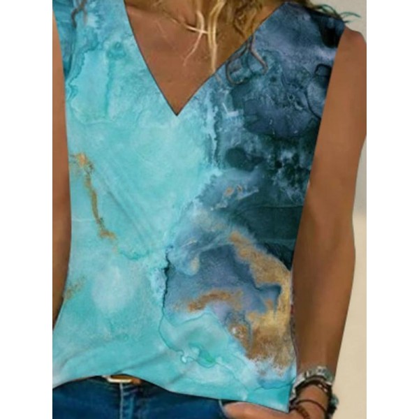 Fresh Print V-Neck Sleeveless Top