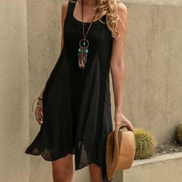 Unique Patchwork Asymmetrical Hem Black Mini Dress